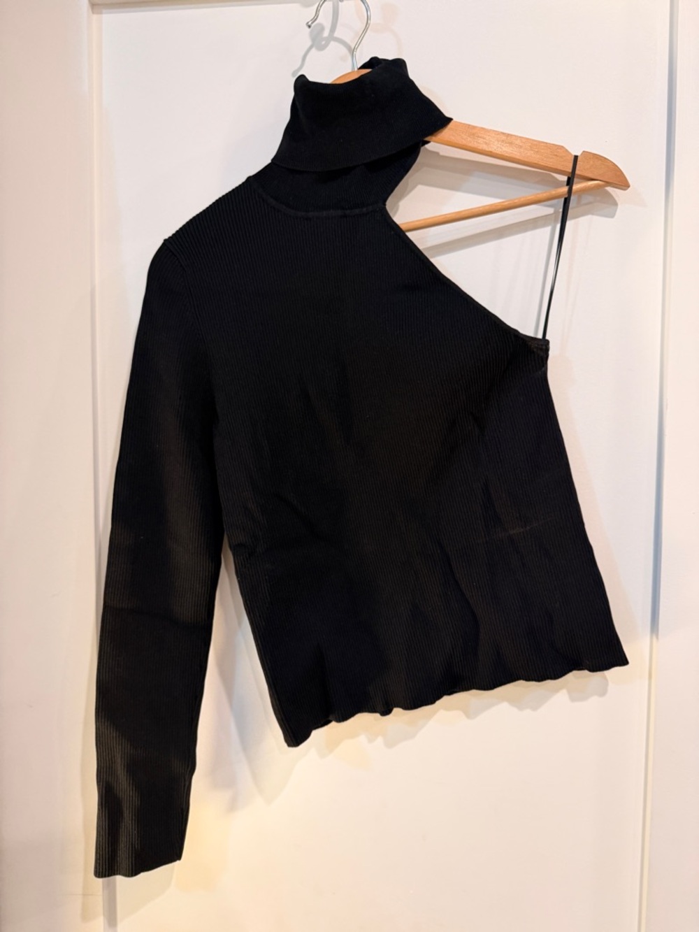 Zara Black Ribbed One-Shoulder Turtleneck Top